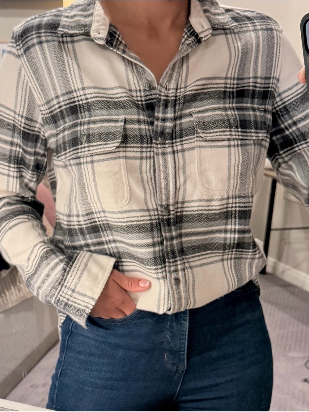 American Eagle Outfitters Cream and Black Plaid Button-Down Shirt